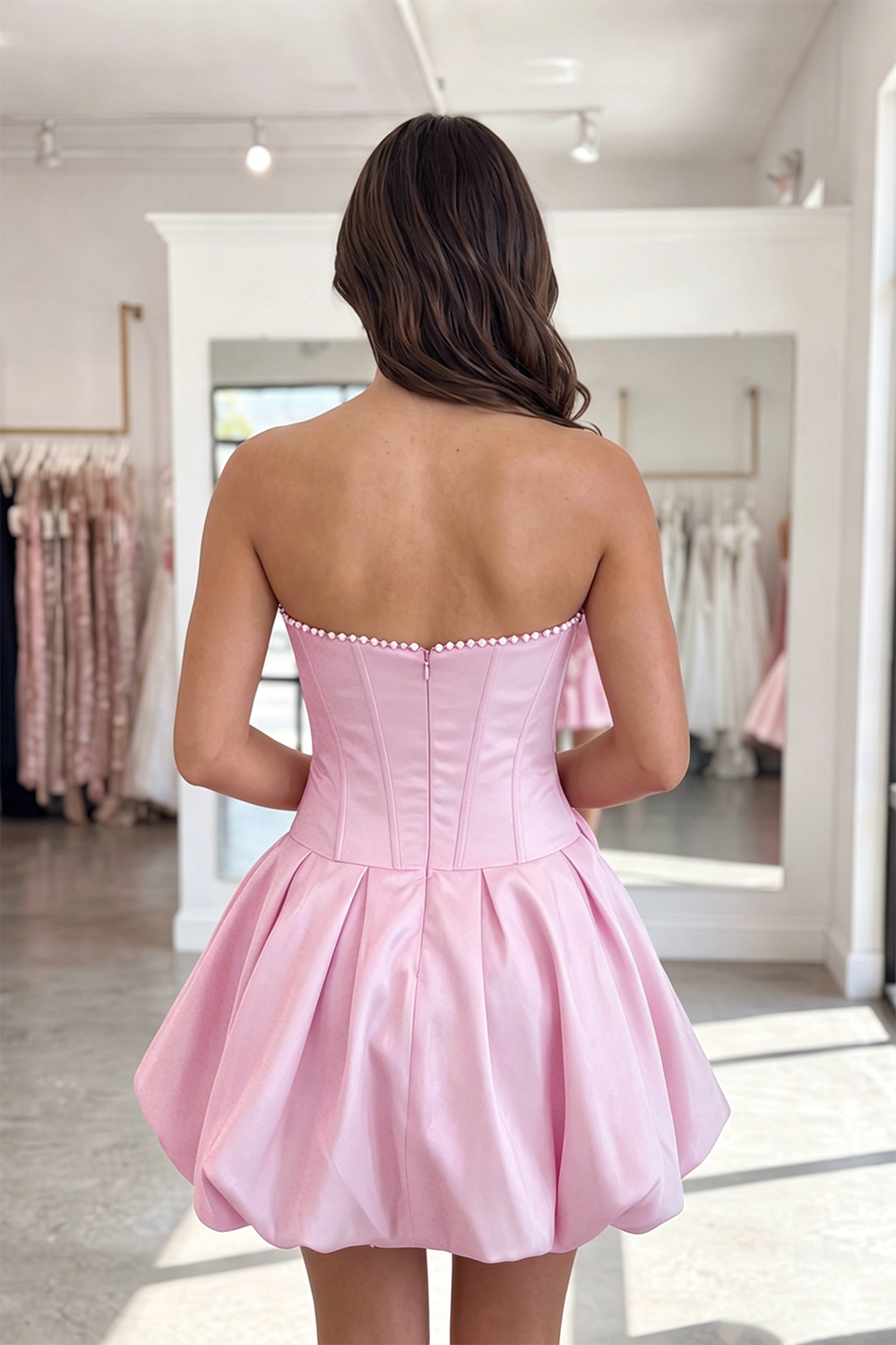 Fuchsia A Line Strapless Short Corset Homecoming Dress with Pearls