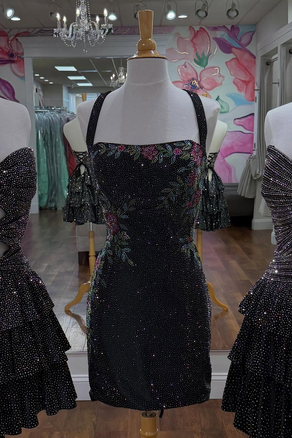 Sparkly Dark Blue Floral Beaded Tight Short Halter Homecoming Dress