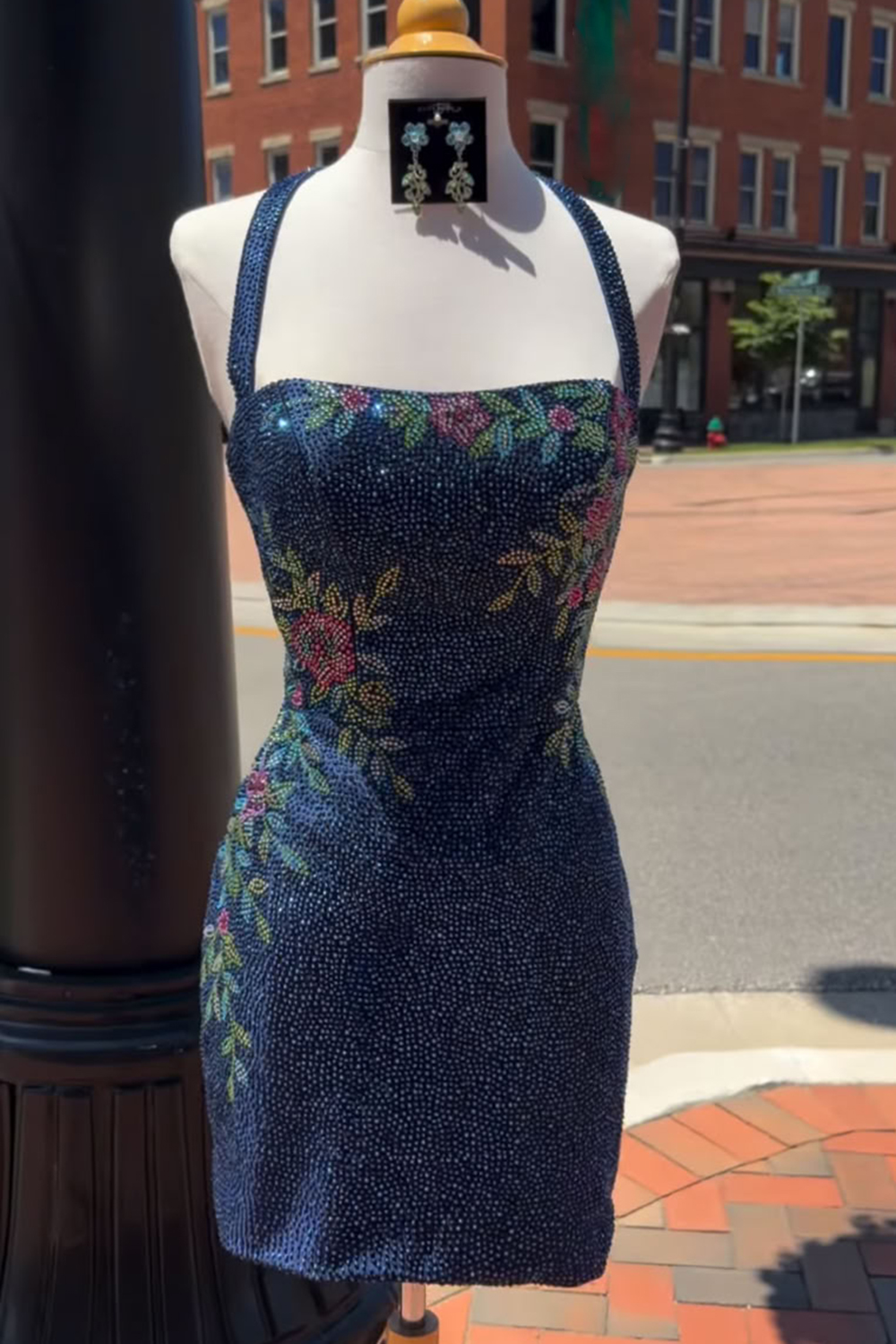 Dark Blue Sparkly Floral Beaded Tight Short Halter Homecoming Dress