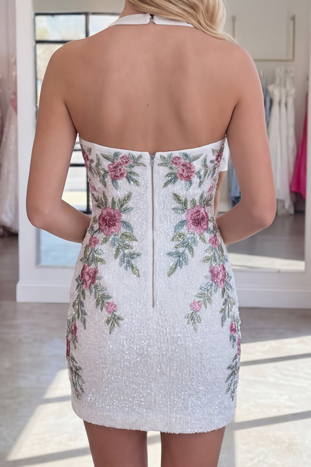 Sparkly Dark Blue Floral Beaded Tight Short Halter Homecoming Dress