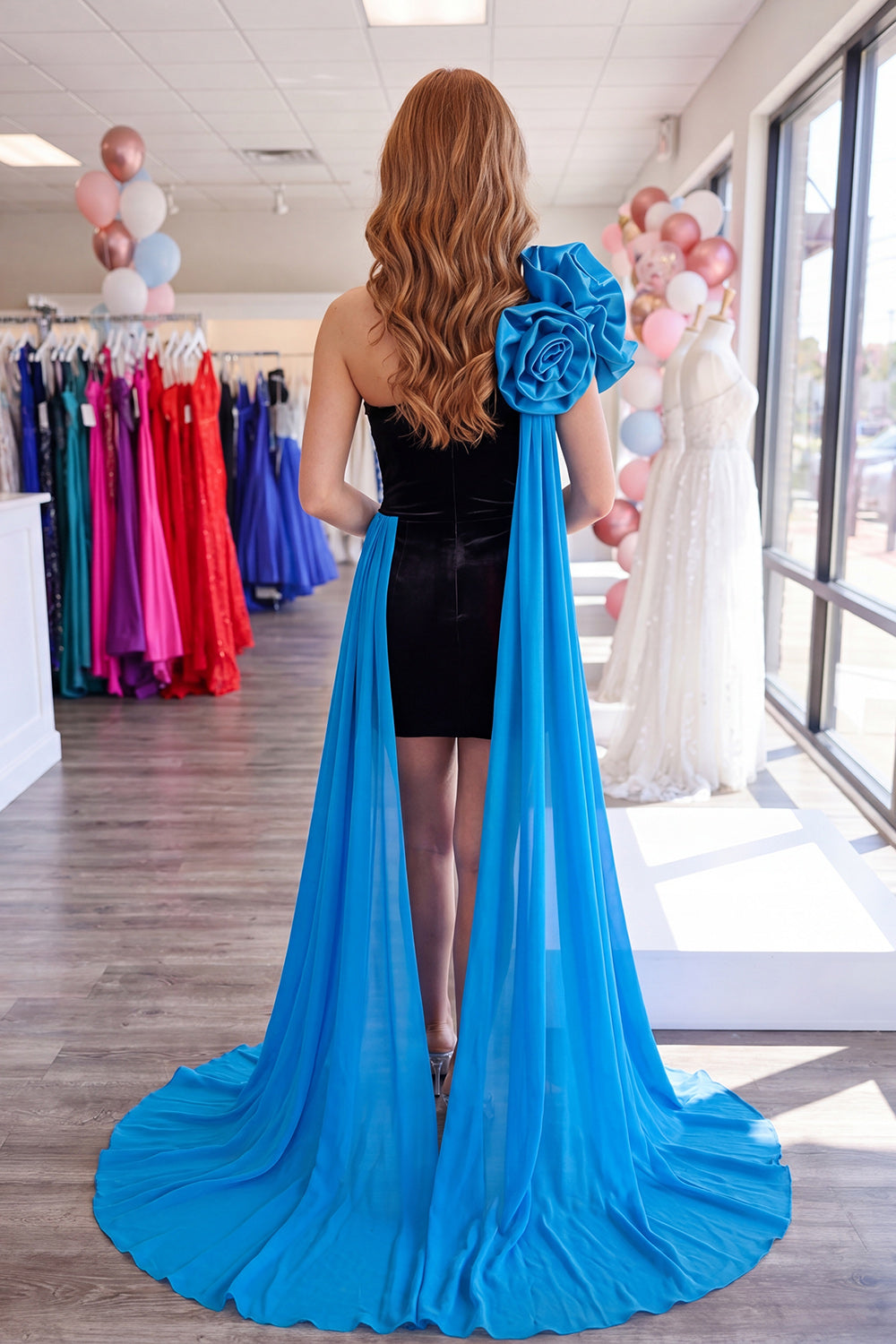 Black and Blue Tight Strapless Short Homecoming Dress with Cape