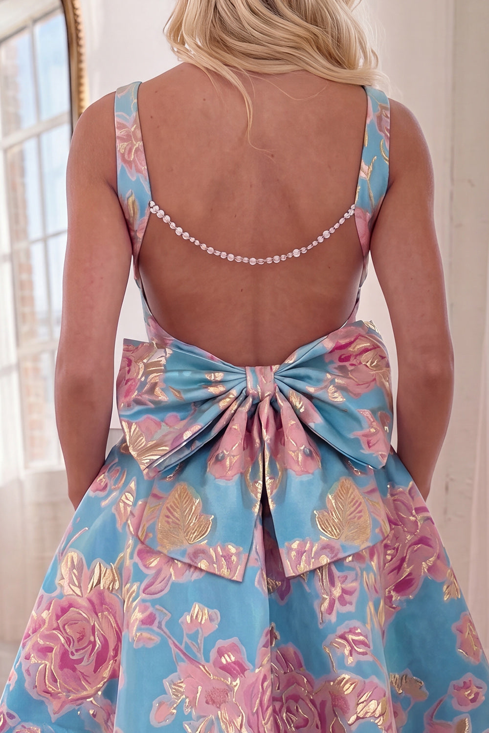 Blue Red Flower A Line V-Neck Short Homecoming Dress with Bow