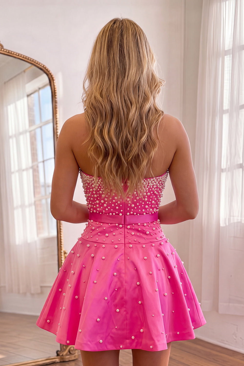 Fuchsia A Line Strapless Short Homecoming Dress with Pearls