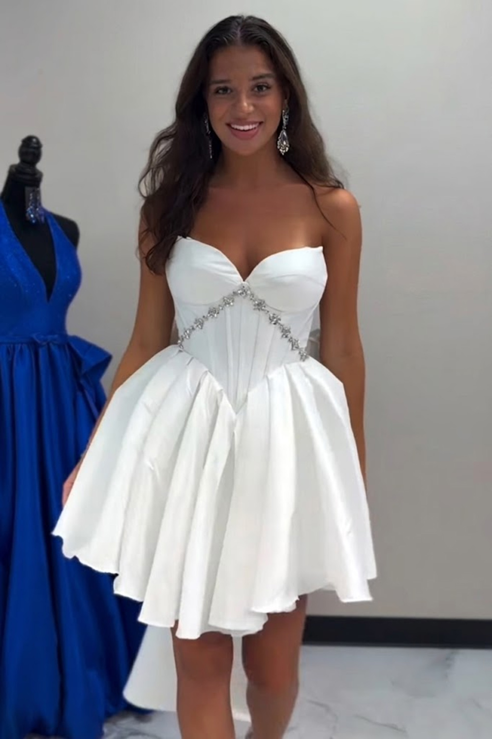 White Strapless A Line Corset Short Beaded Homecoming Dress with Bow