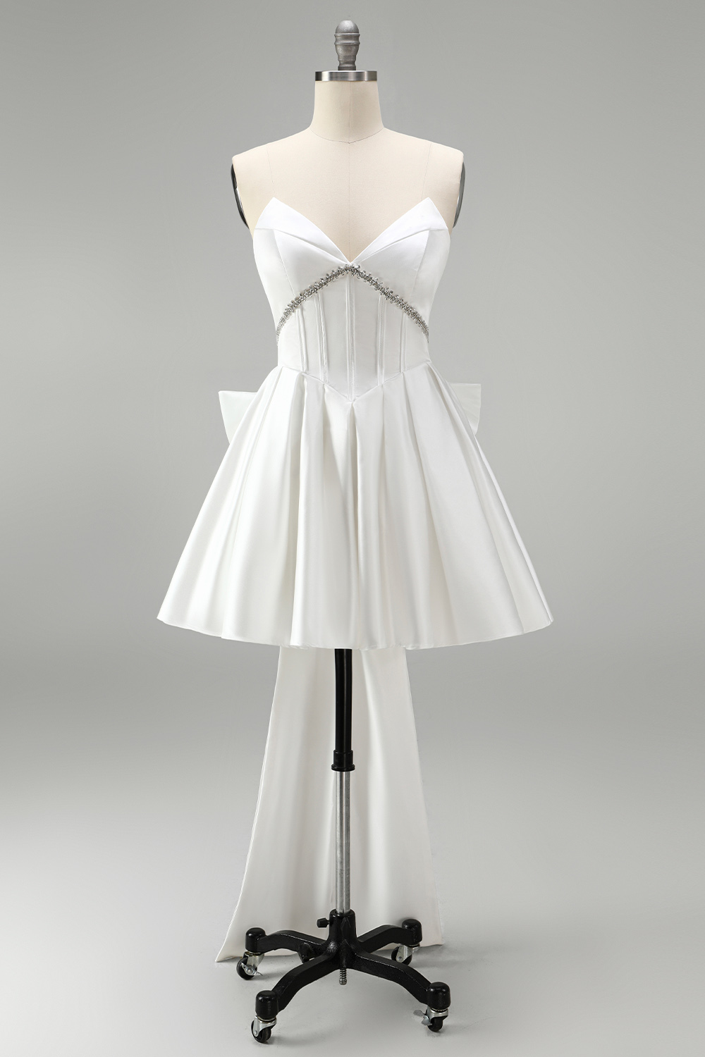 White Strapless A Line Corset Short Beaded Homecoming Dress with Bow