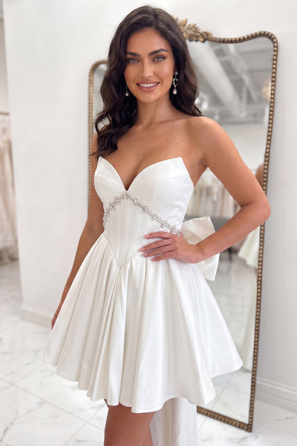 White Strapless A Line Corset Short Beaded Homecoming Dress with Bow