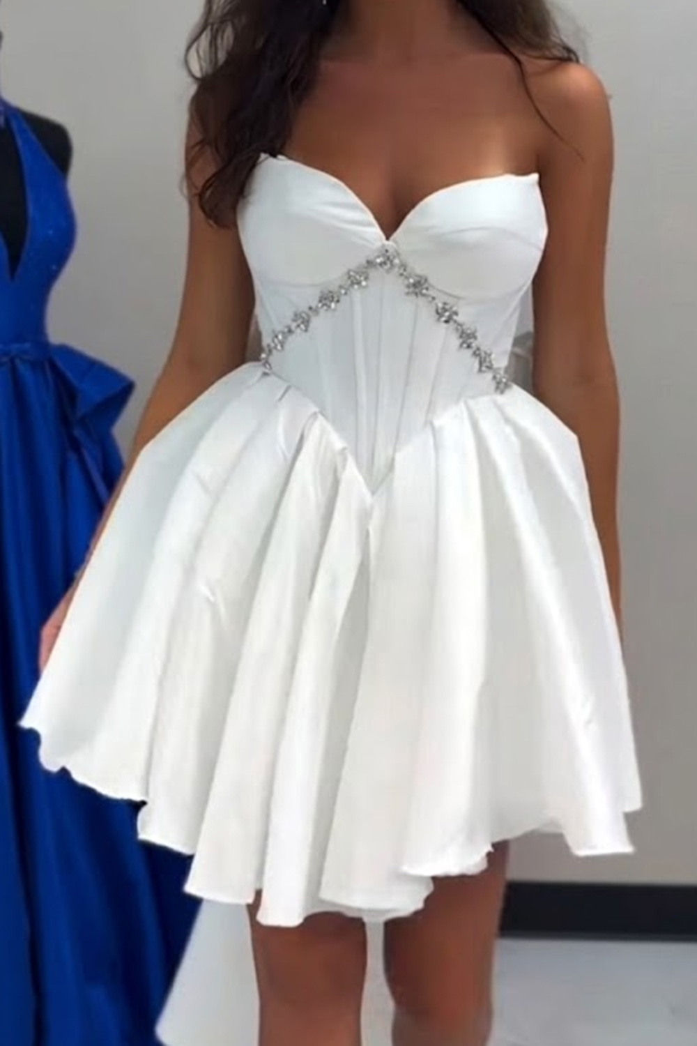 White Strapless A Line Corset Short Beaded Homecoming Dress with Bow
