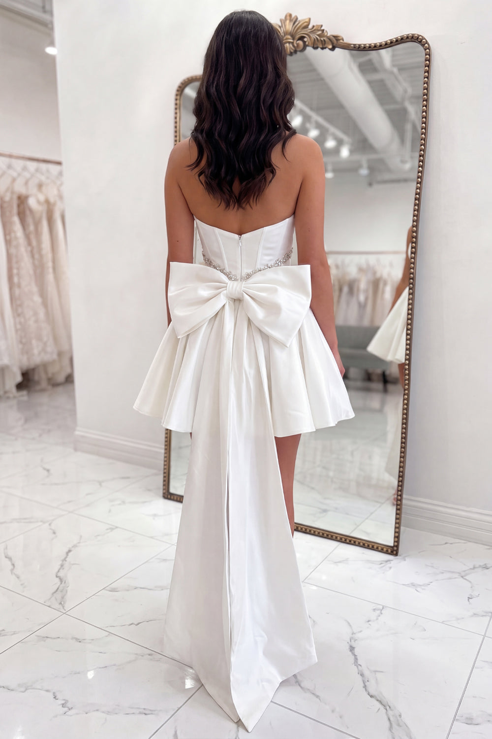 White Strapless A Line Corset Short Beaded Homecoming Dress with Bow