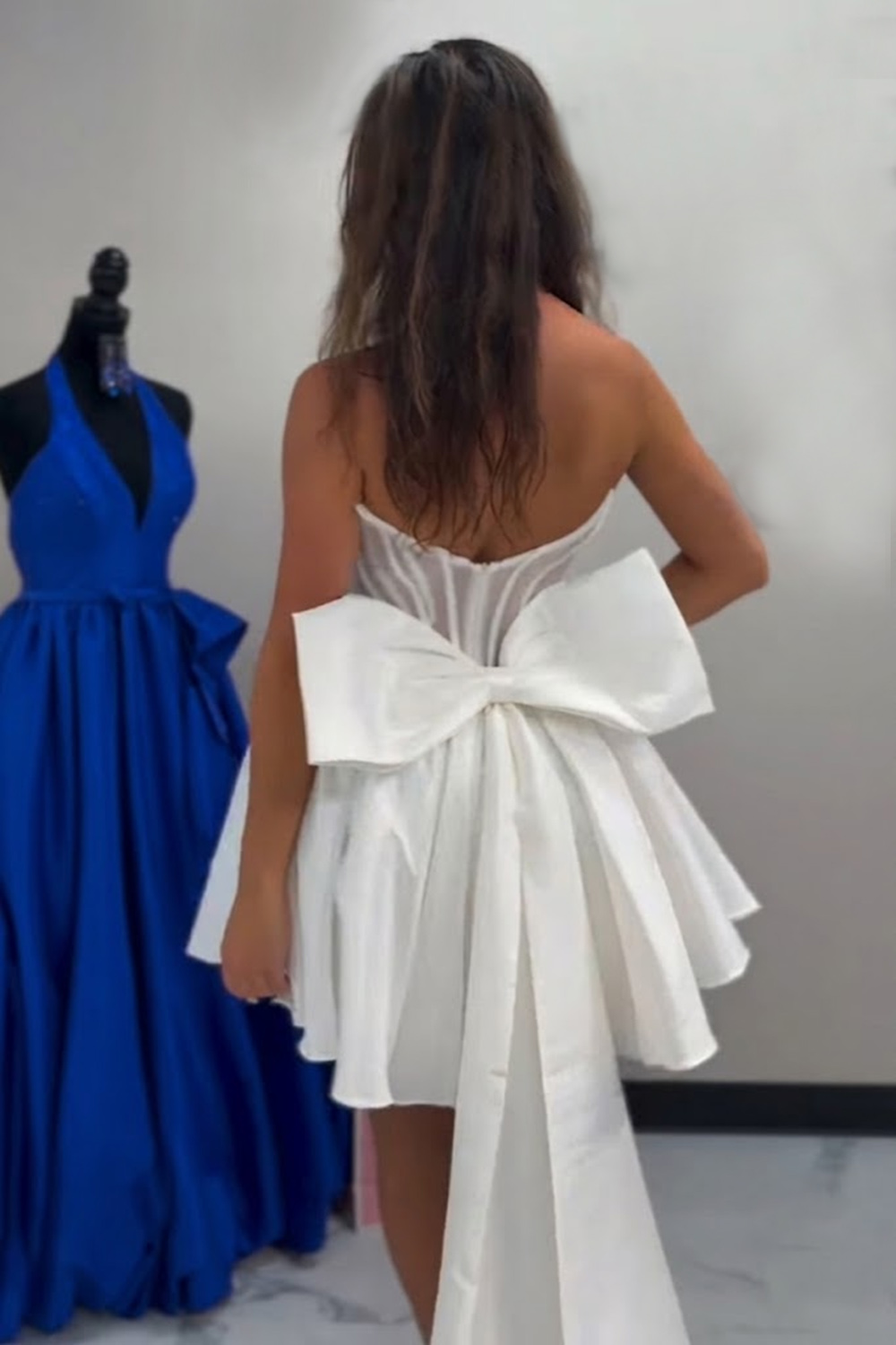 White Strapless A Line Corset Short Beaded Homecoming Dress with Bow