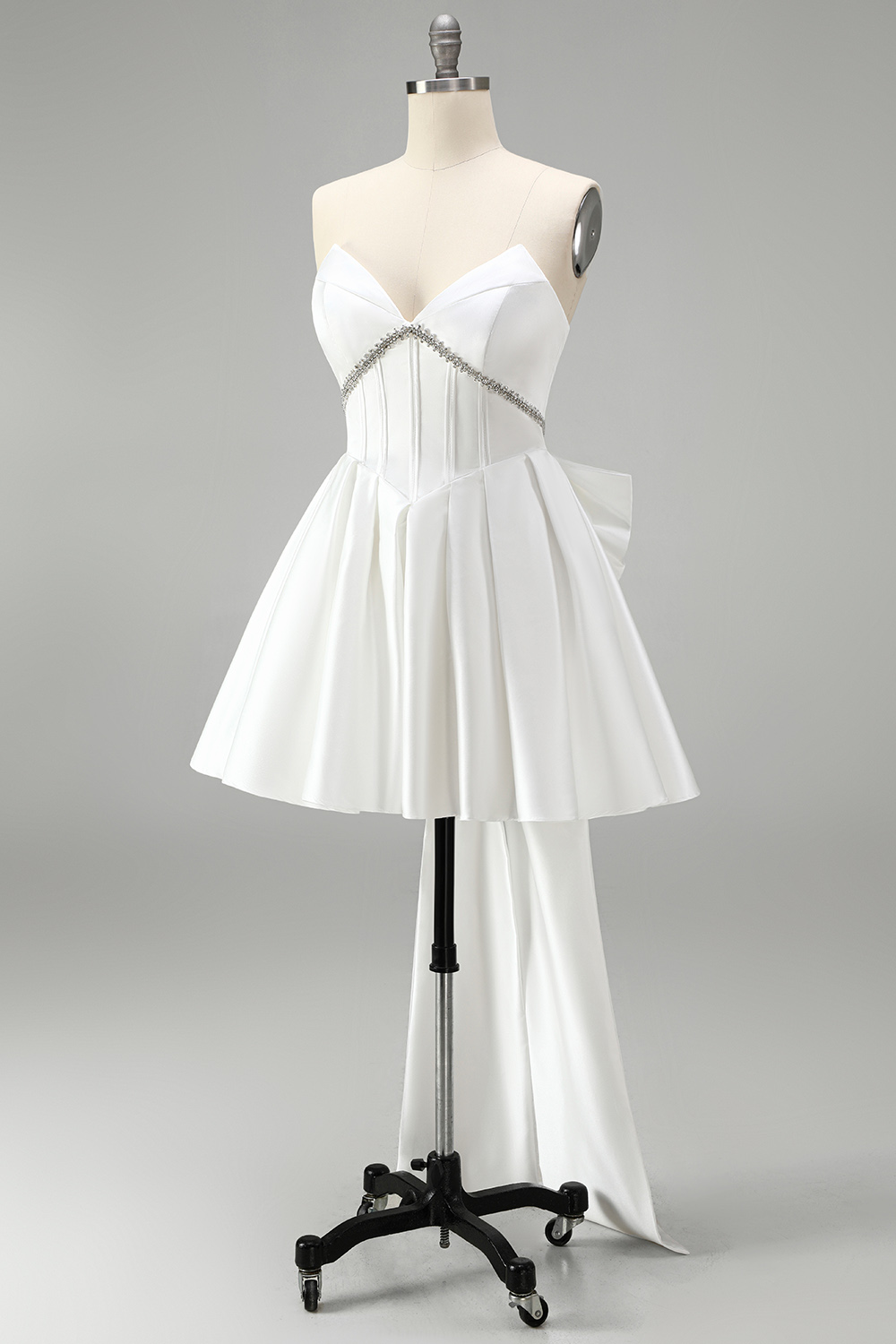 White Strapless A Line Corset Short Beaded Homecoming Dress with Bow
