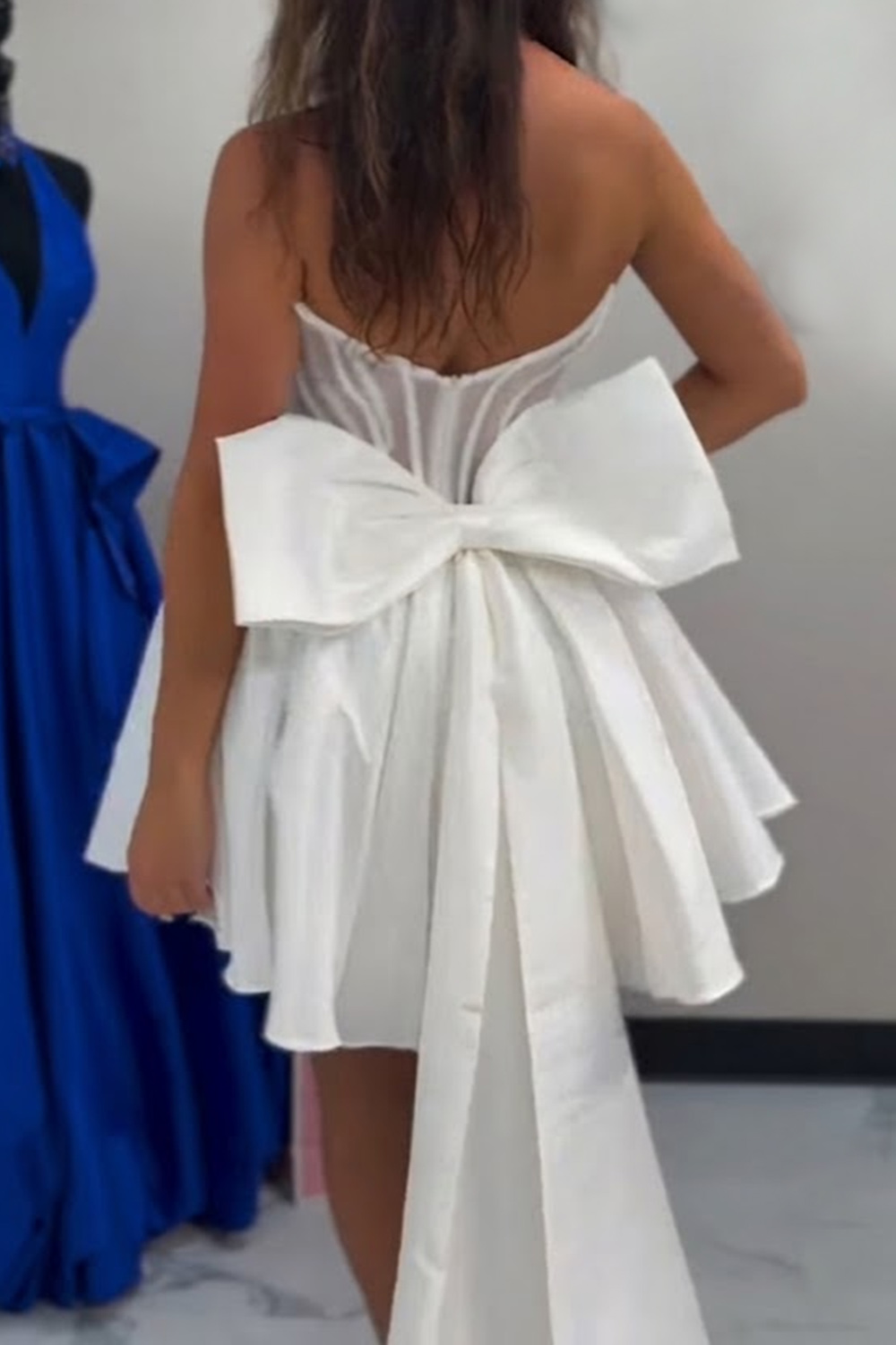 White Strapless A Line Corset Short Beaded Homecoming Dress with Bow