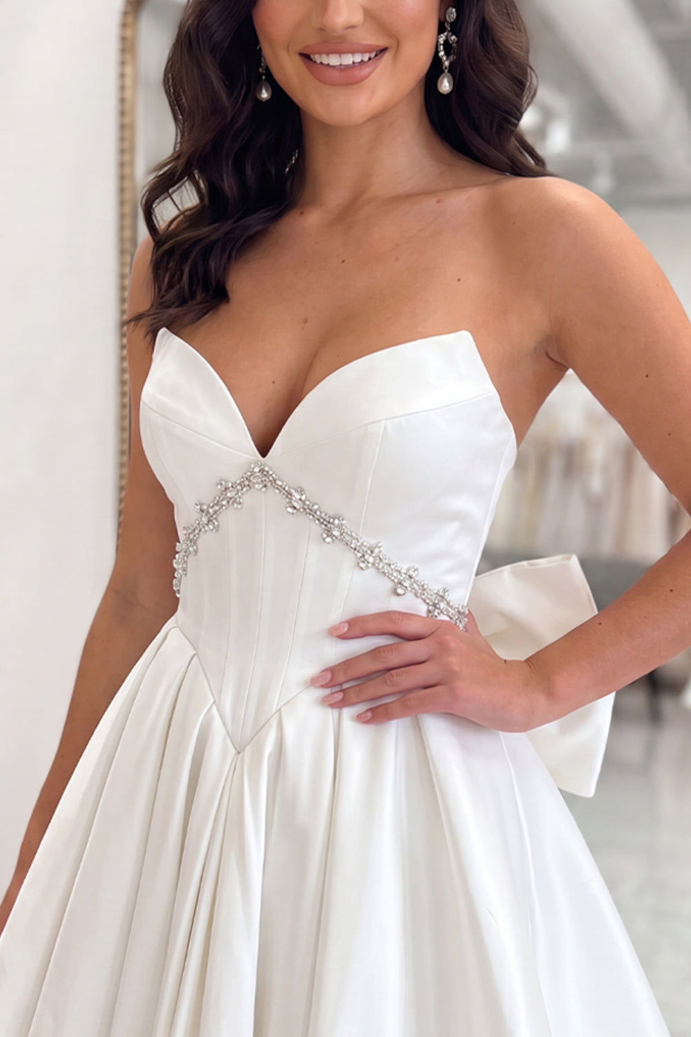 White Strapless A Line Corset Short Beaded Homecoming Dress with Bow