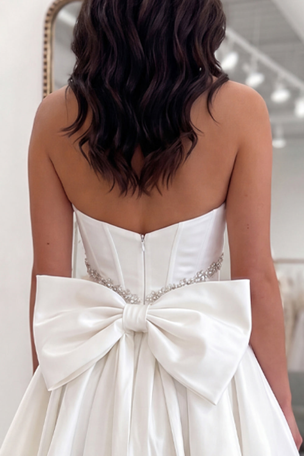 White Strapless A Line Corset Short Beaded Homecoming Dress with Bow