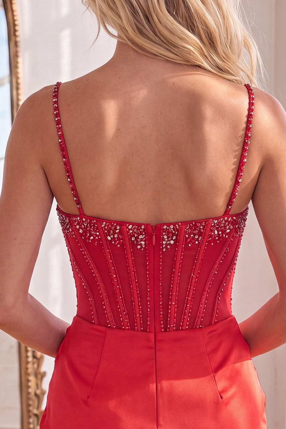 Sparkly Red Beaded Corset Tight Short Ruched Homecoming Dress