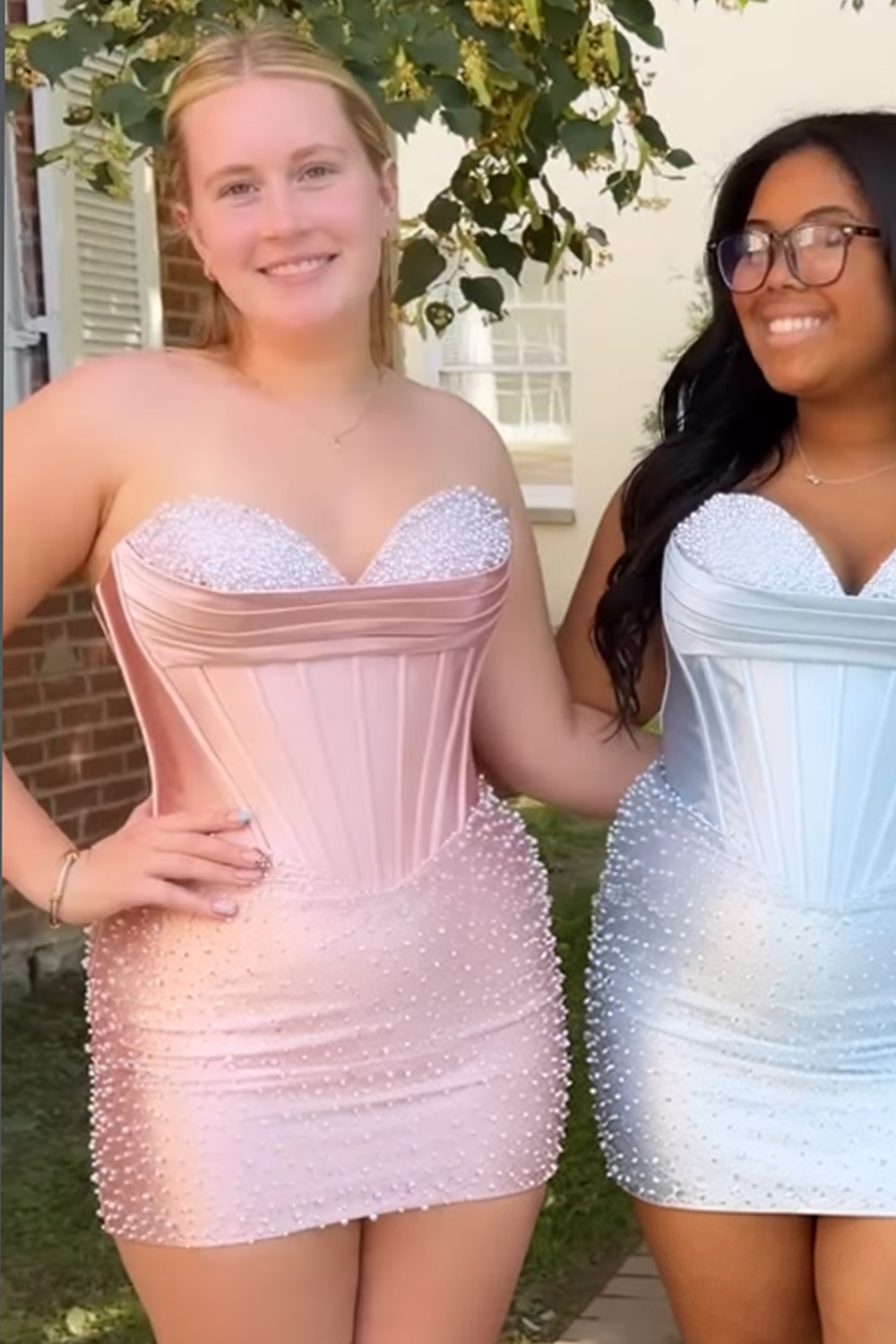 Yellow Sparkly Strapless Tight Short Corset Homecoming Dress with Pearls