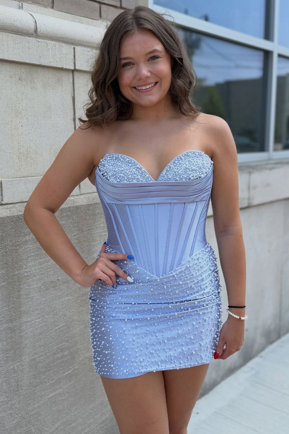 Yellow Sparkly Strapless Tight Short Corset Homecoming Dress with Pearls