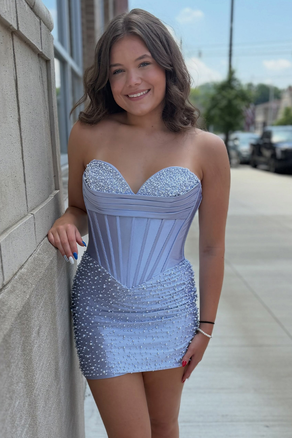 Yellow Sparkly Strapless Tight Short Corset Homecoming Dress with Pearls