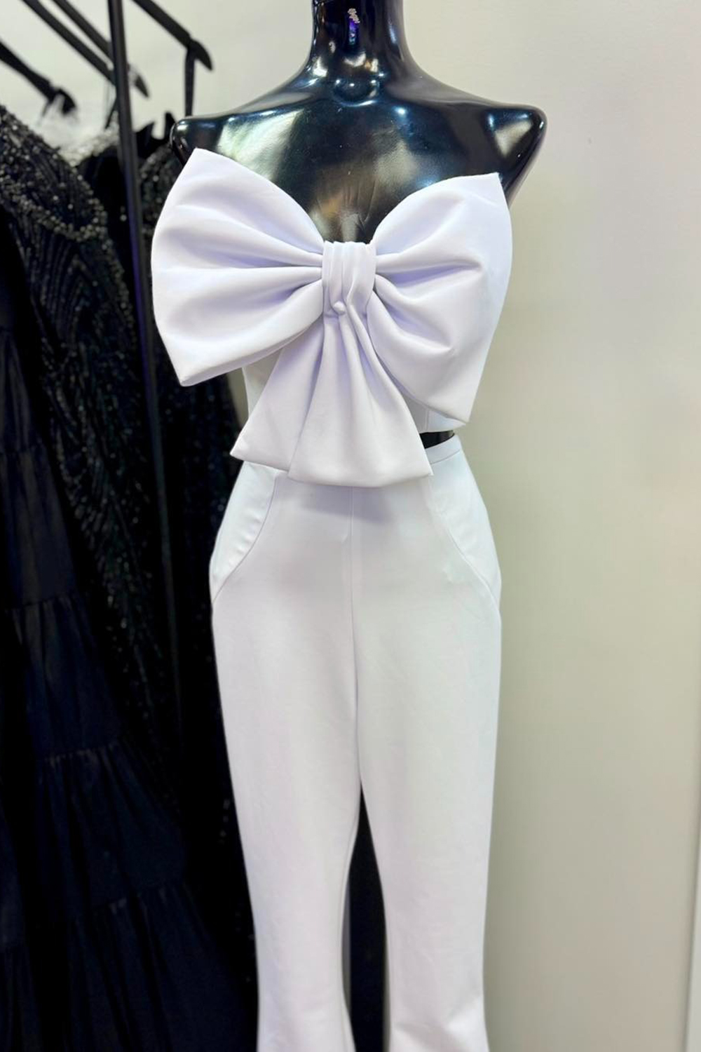 Blue 2 Piece Strapless Prom Pantsuits with Bow