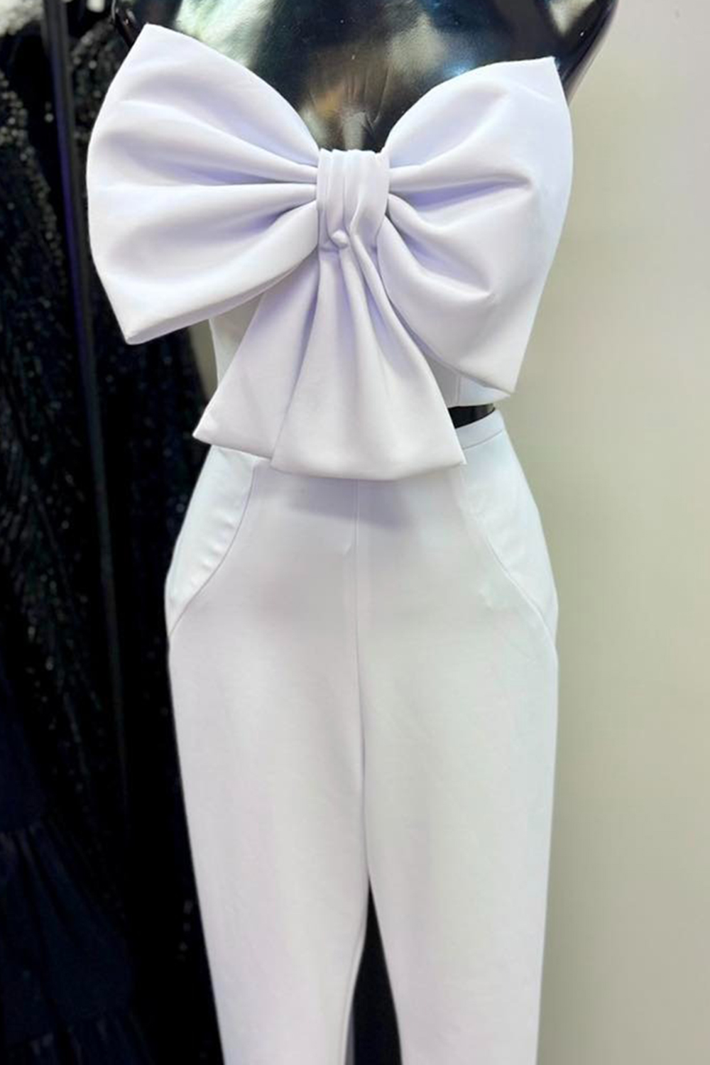 Blue 2 Piece Strapless Prom Pantsuits with Bow