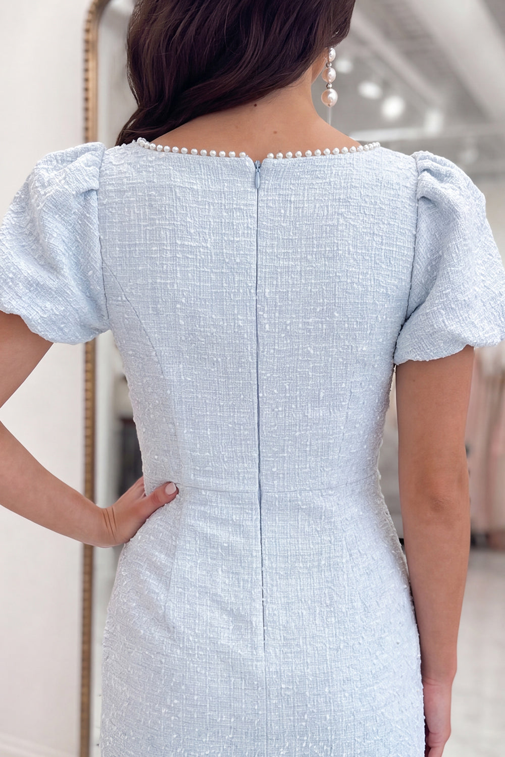 Light Blue Sparkly Ruched Tweed Short Tight Homecoming Dress with Bow