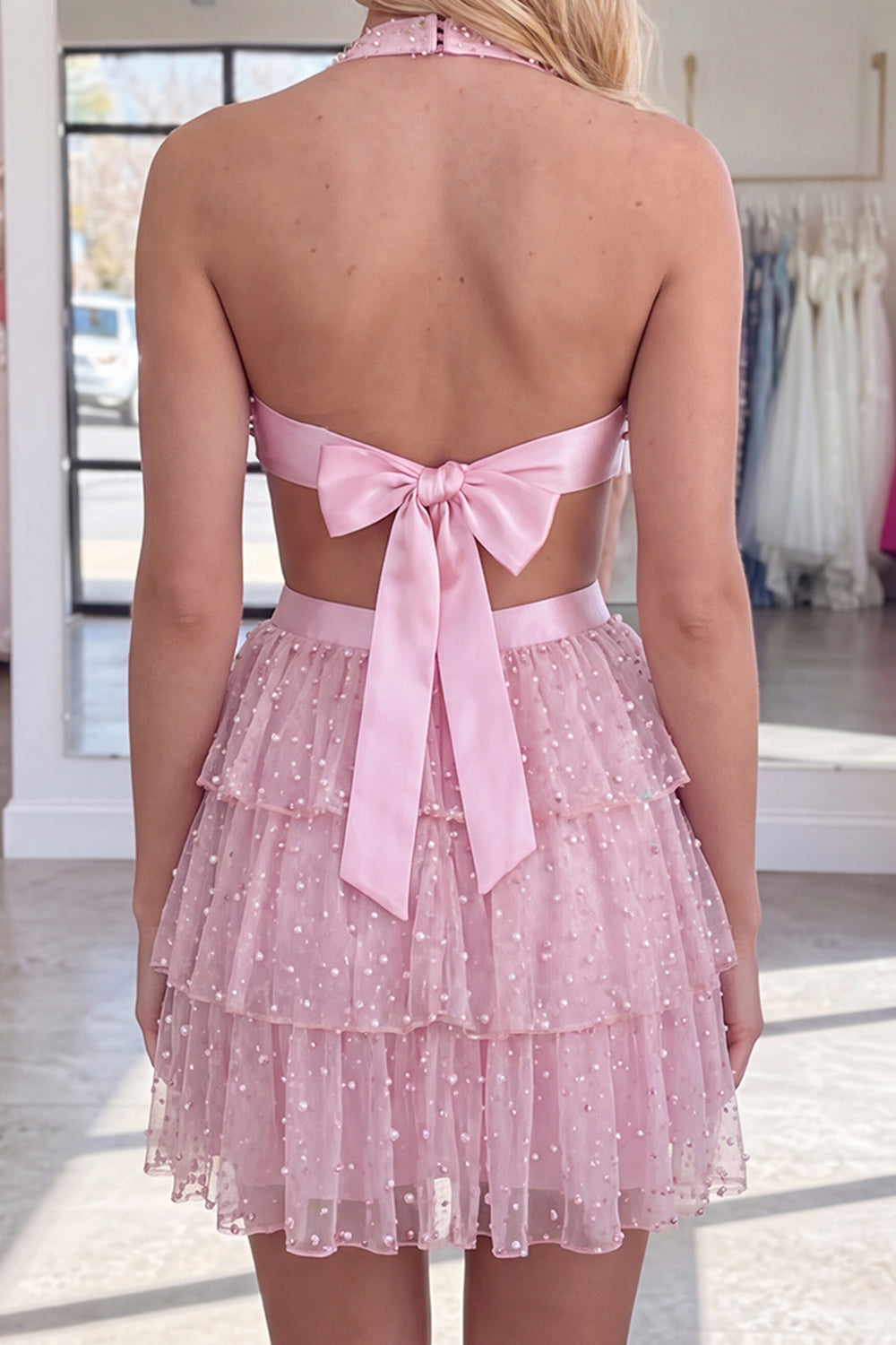 Pink Sparkly Ruffled Cut Out Tiered Short Homecoming Dress with Bows