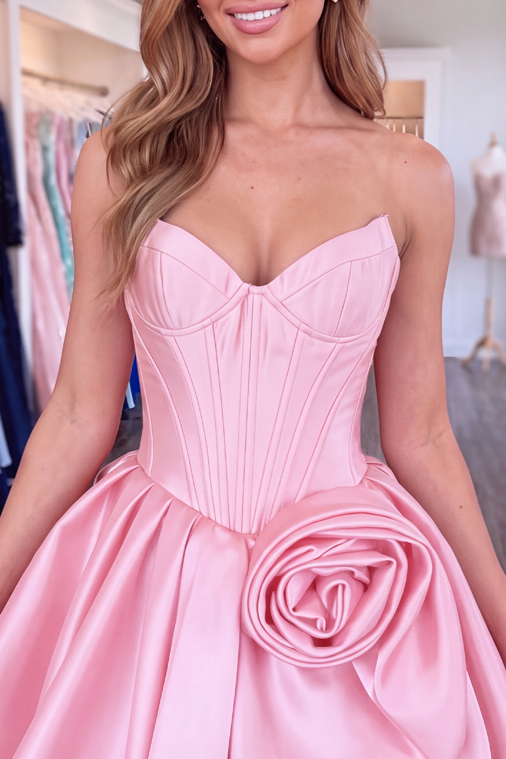 Fuchsia Corset Short Strapless Homecoming Dress with 3D Flower