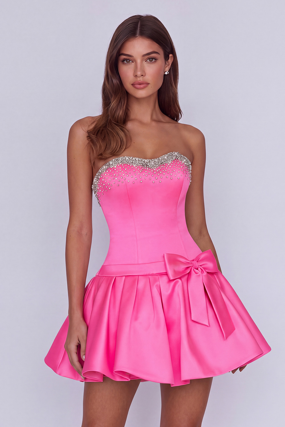 Sparkly Hot Pink Beaded Sweetheart Short Homecoming Dress with Bows