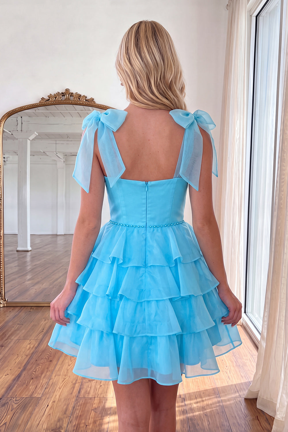 Royal Blue Ruffled Tiered Beaded A Line Short Homecoming Dress with Bows