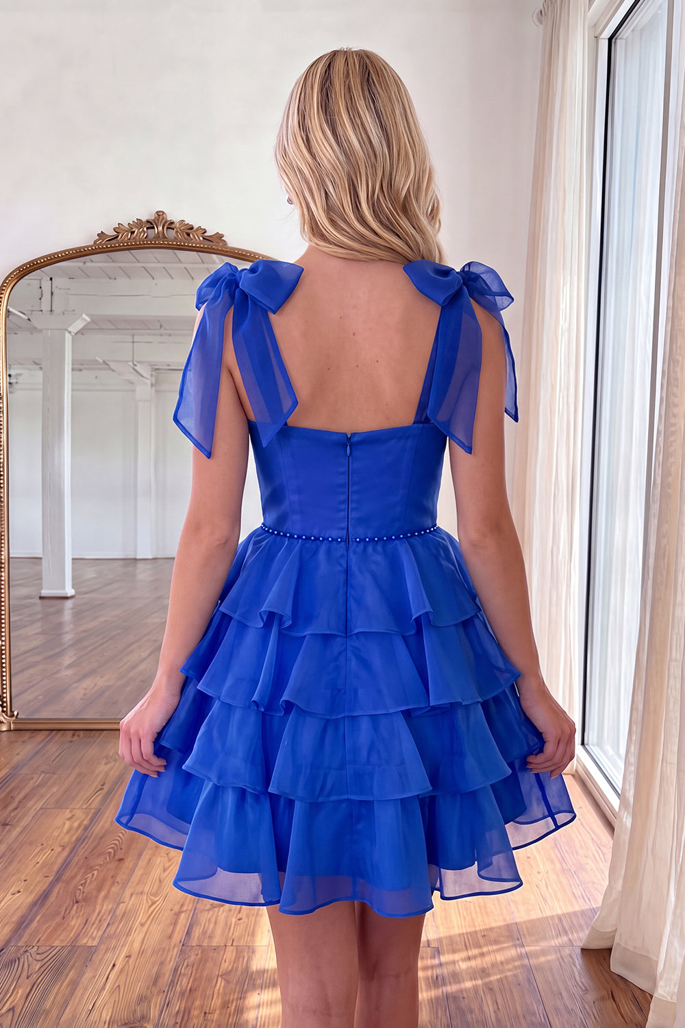 Royal Blue Ruffled Tiered Beaded A Line Short Homecoming Dress with Bows