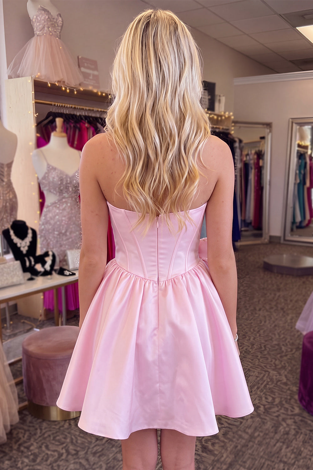 Pink Corset Beaded Strapless A Line Short Homecoming Dress with Bow
