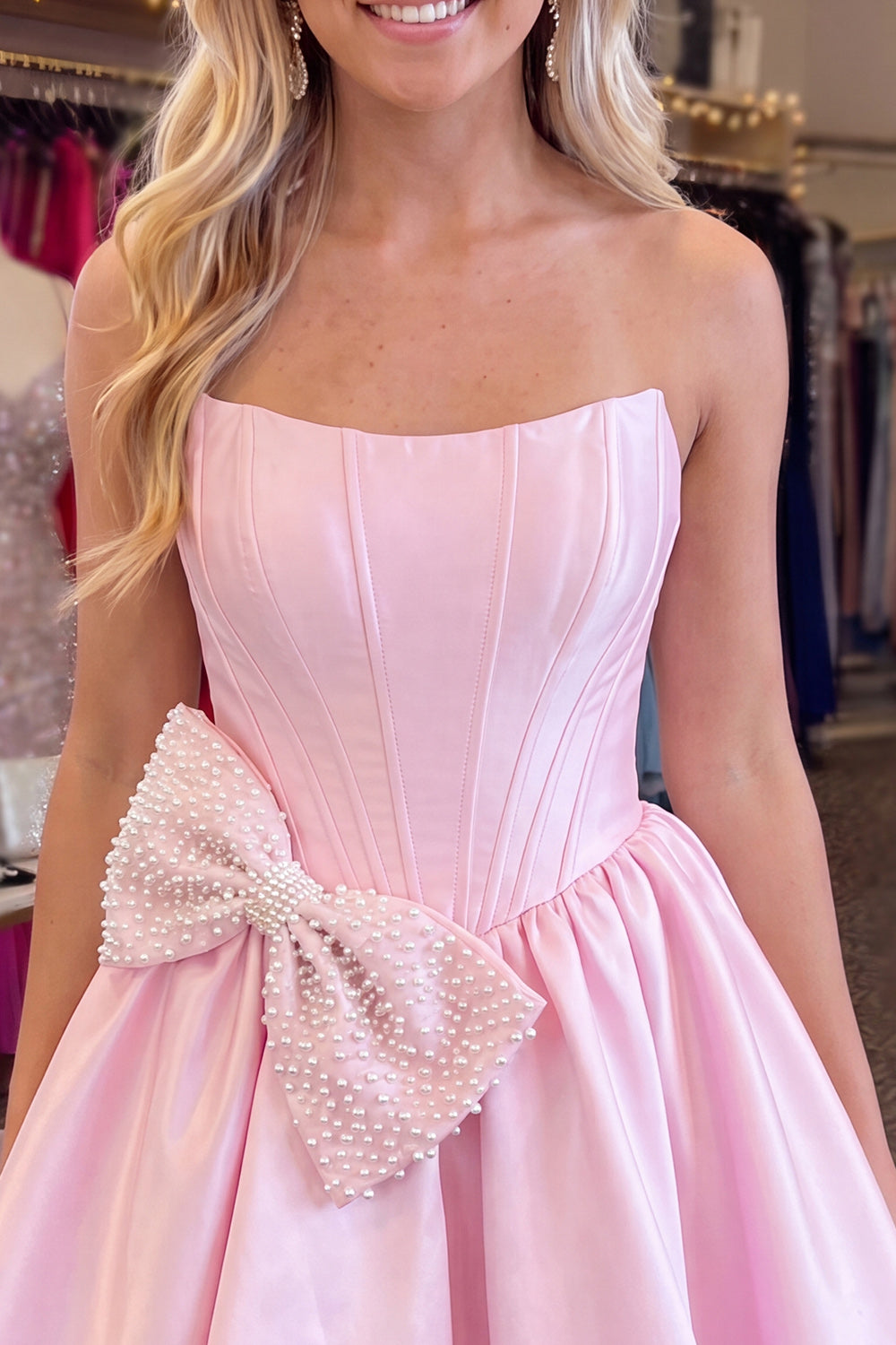 Pink Corset Beaded Strapless A Line Short Homecoming Dress with Bow