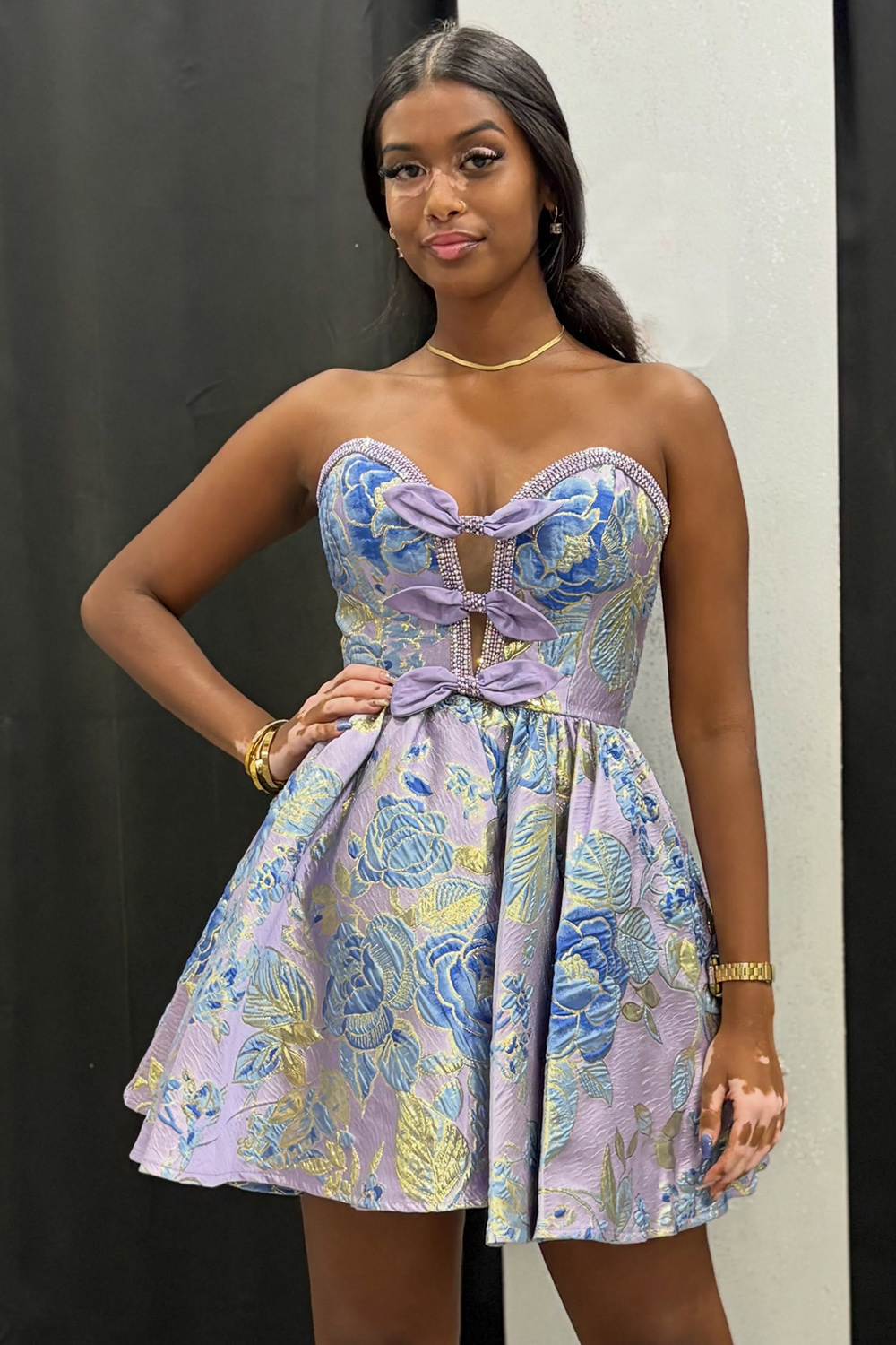 Floral Orange Strapless A Line Beaded Short Homecoming Dress with Bows