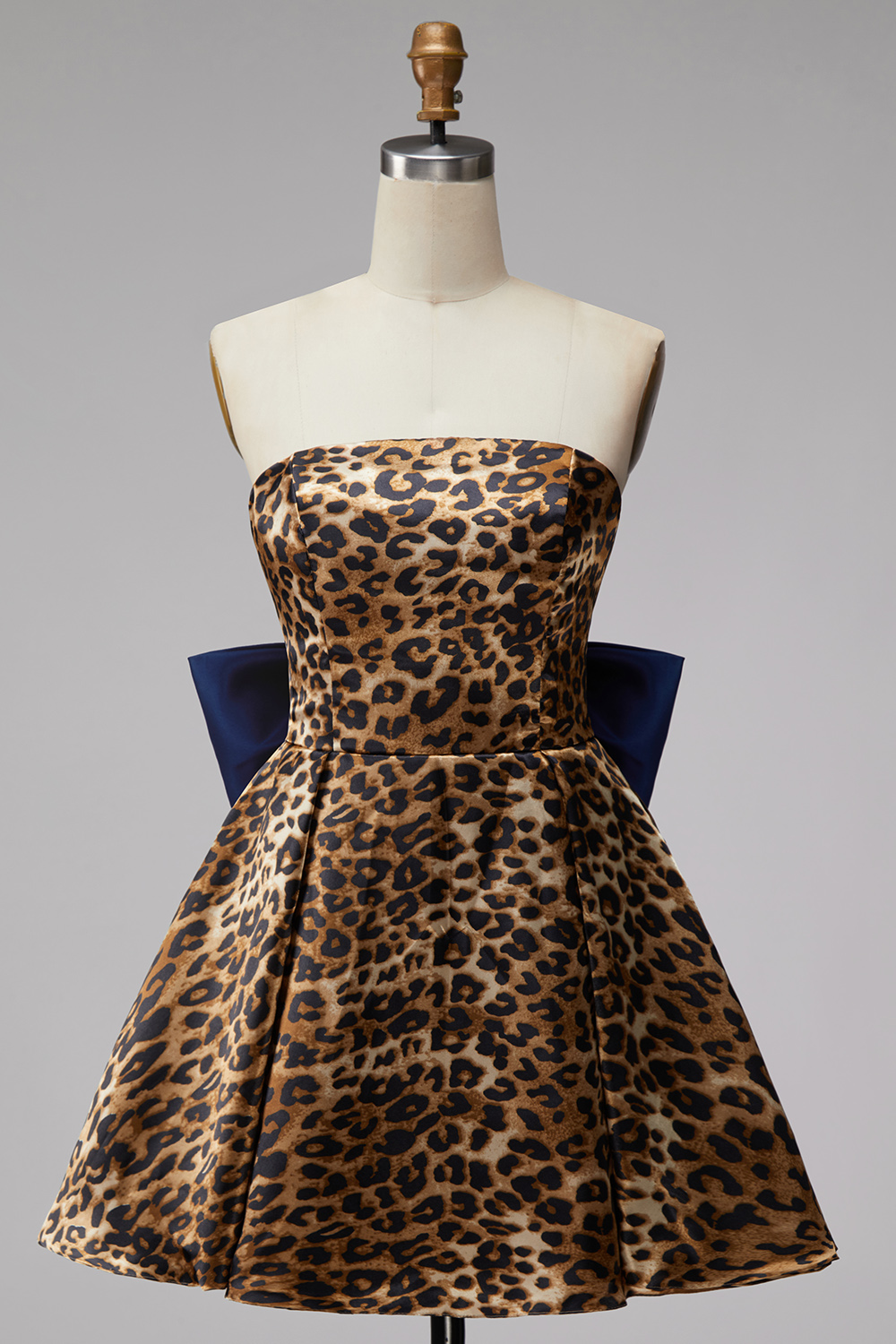 Brown Leopard Print Strapless A Line Ruched Short Homecoming Dress with Bow