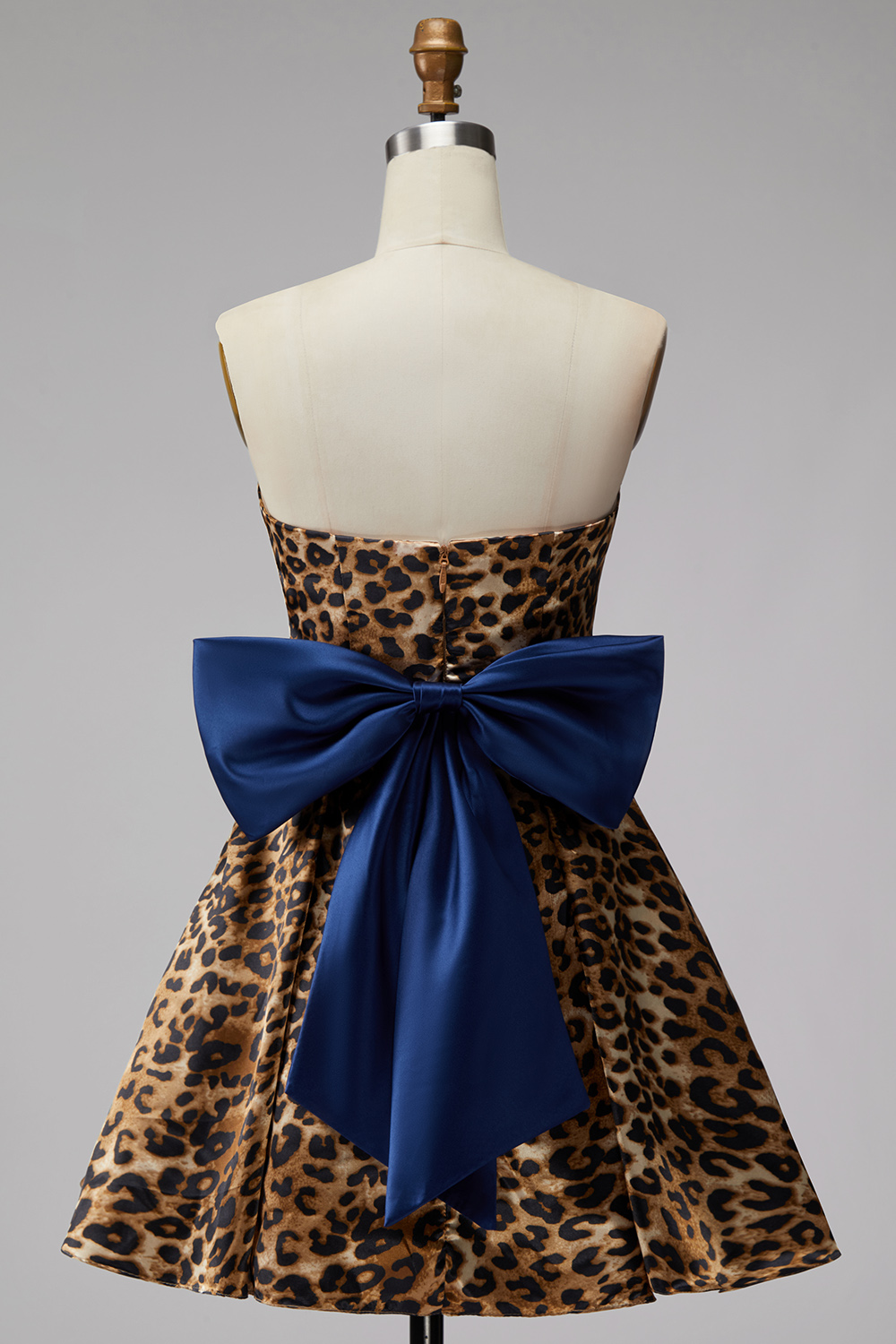 Brown Leopard Print Strapless A Line Ruched Short Homecoming Dress with Bow