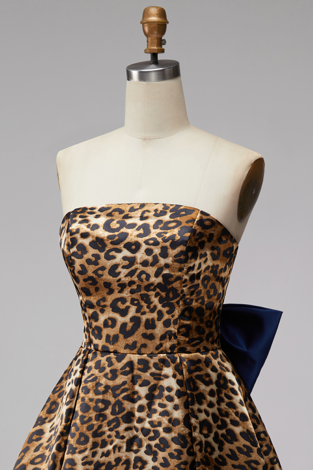 Brown Leopard Print Strapless A Line Ruched Short Homecoming Dress with Bow