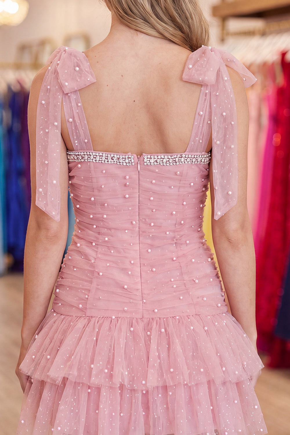 Sparkly Ruffled Blush Short Homecoming Dress with Bows