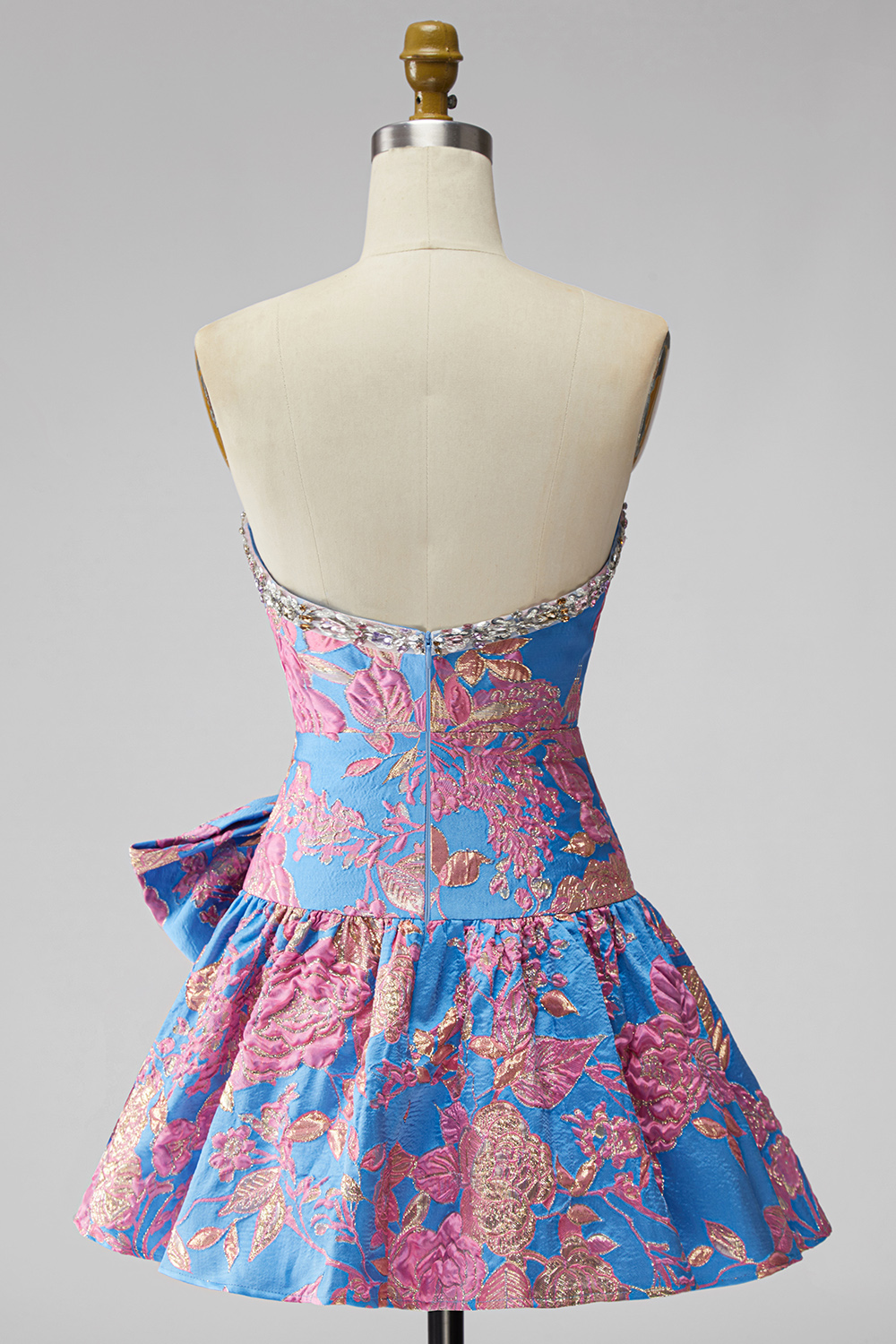 Blue Floral Strapless Beaded A Line Short Homecoming Dress with Bow