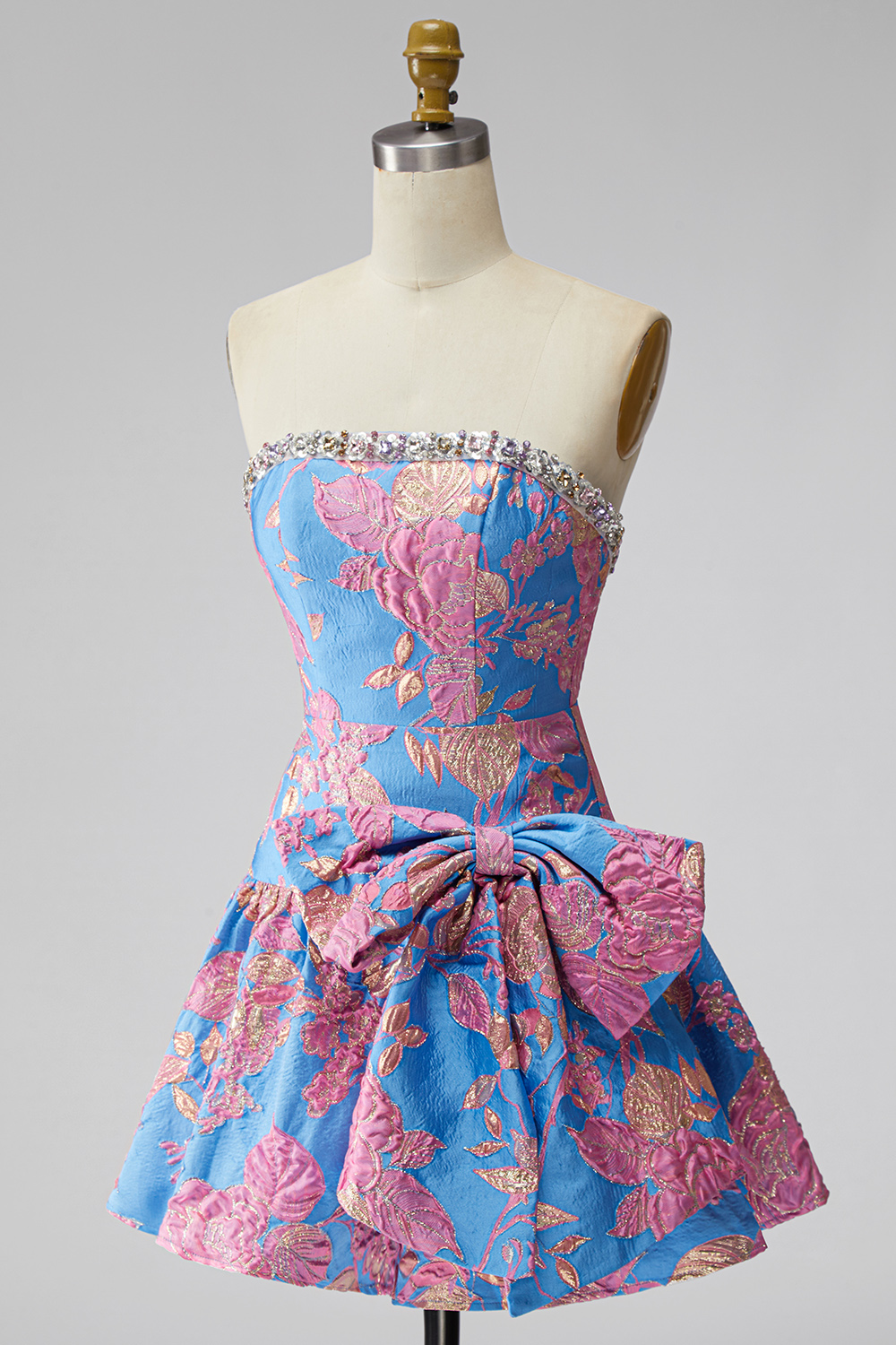 Blue Floral Strapless Beaded A Line Short Homecoming Dress with Bow