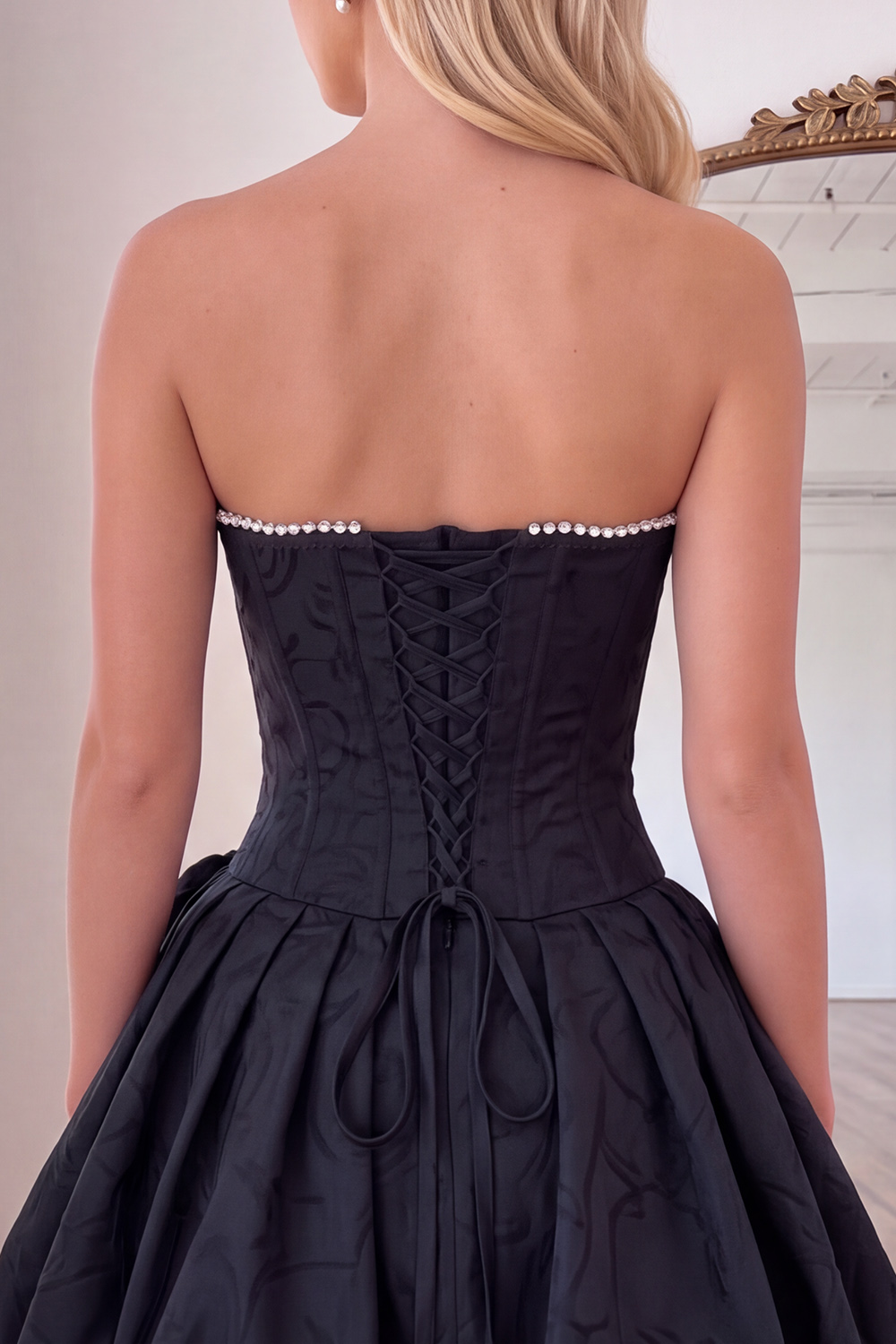Grey Blue Strapless Beaded A Line Short Corset Homecoming Dress with 3D Flower