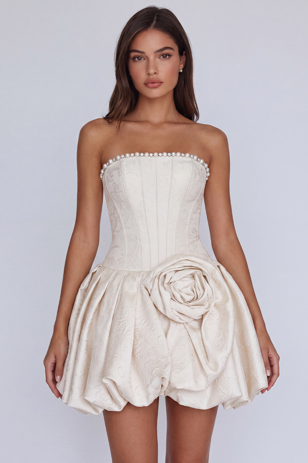 Grey Blue Strapless Beaded A Line Short Corset Homecoming Dress with 3D Flower