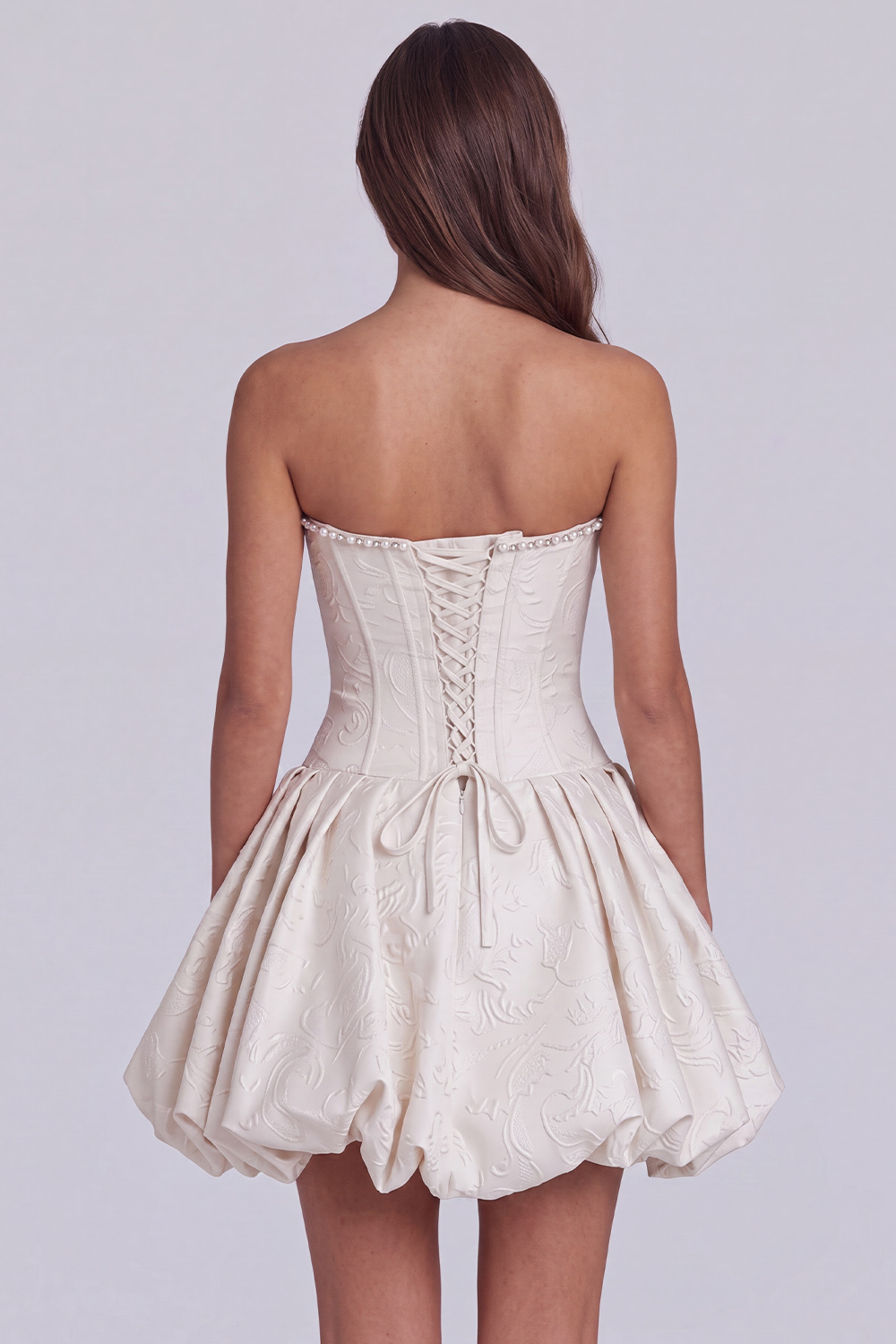 Grey Blue Strapless Beaded A Line Short Corset Homecoming Dress with 3D Flower