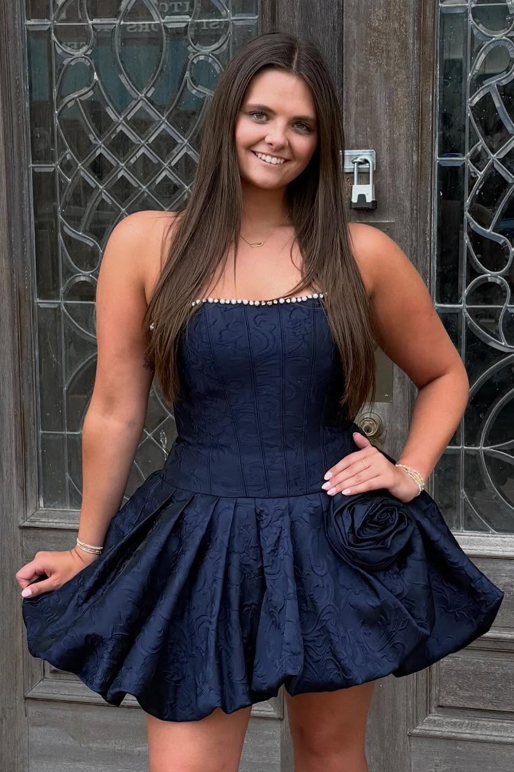 Navy A Line Strapless Beaded Short Corset Homecoming Dress with 3D Flower