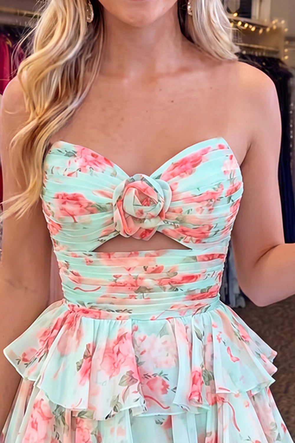 Green Red Flower Ruffled Strapless Tiered Cut Out A Line Short Homecoming Dress