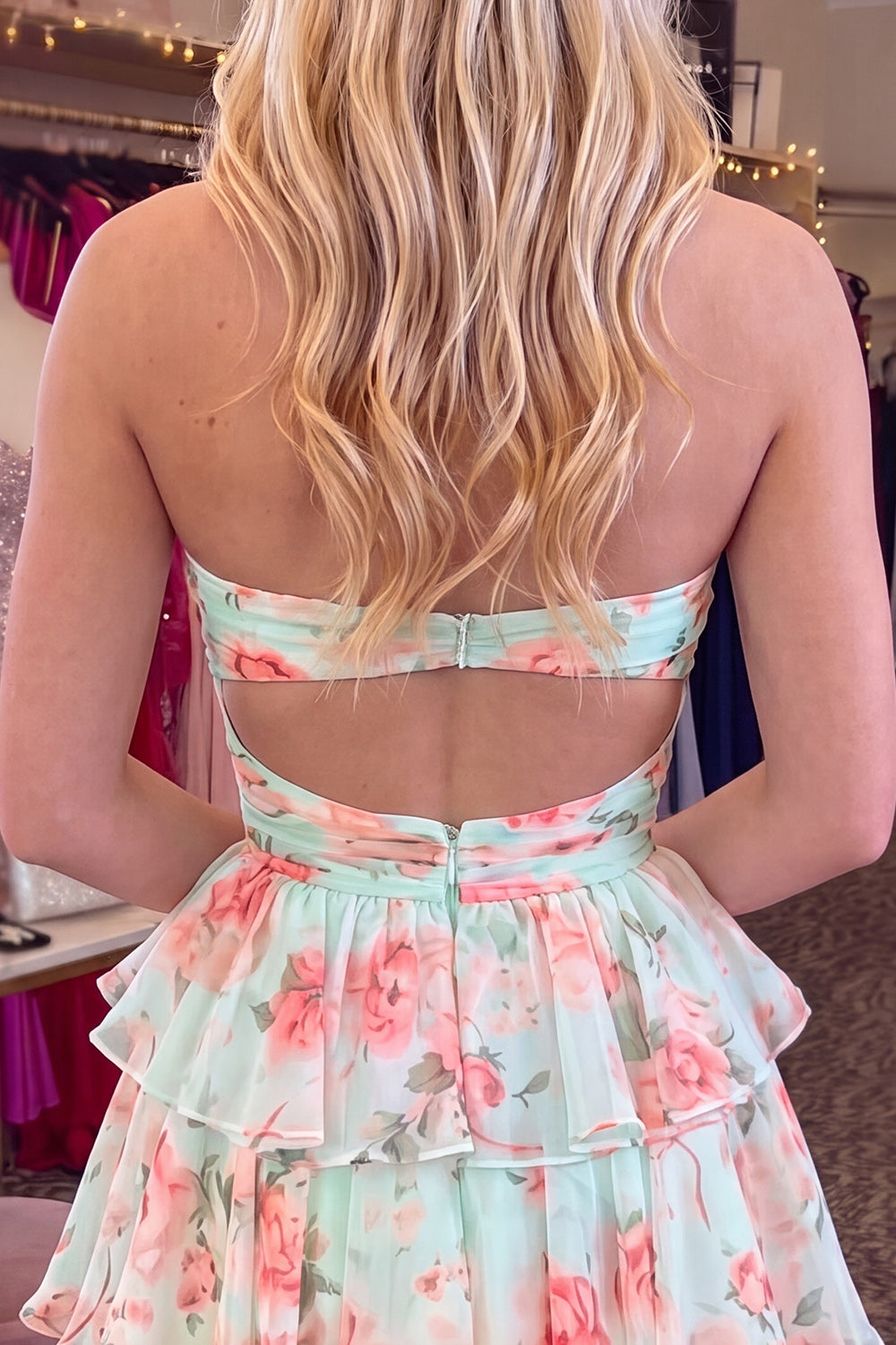 Green Red Flower Ruffled Strapless Tiered Cut Out A Line Short Homecoming Dress