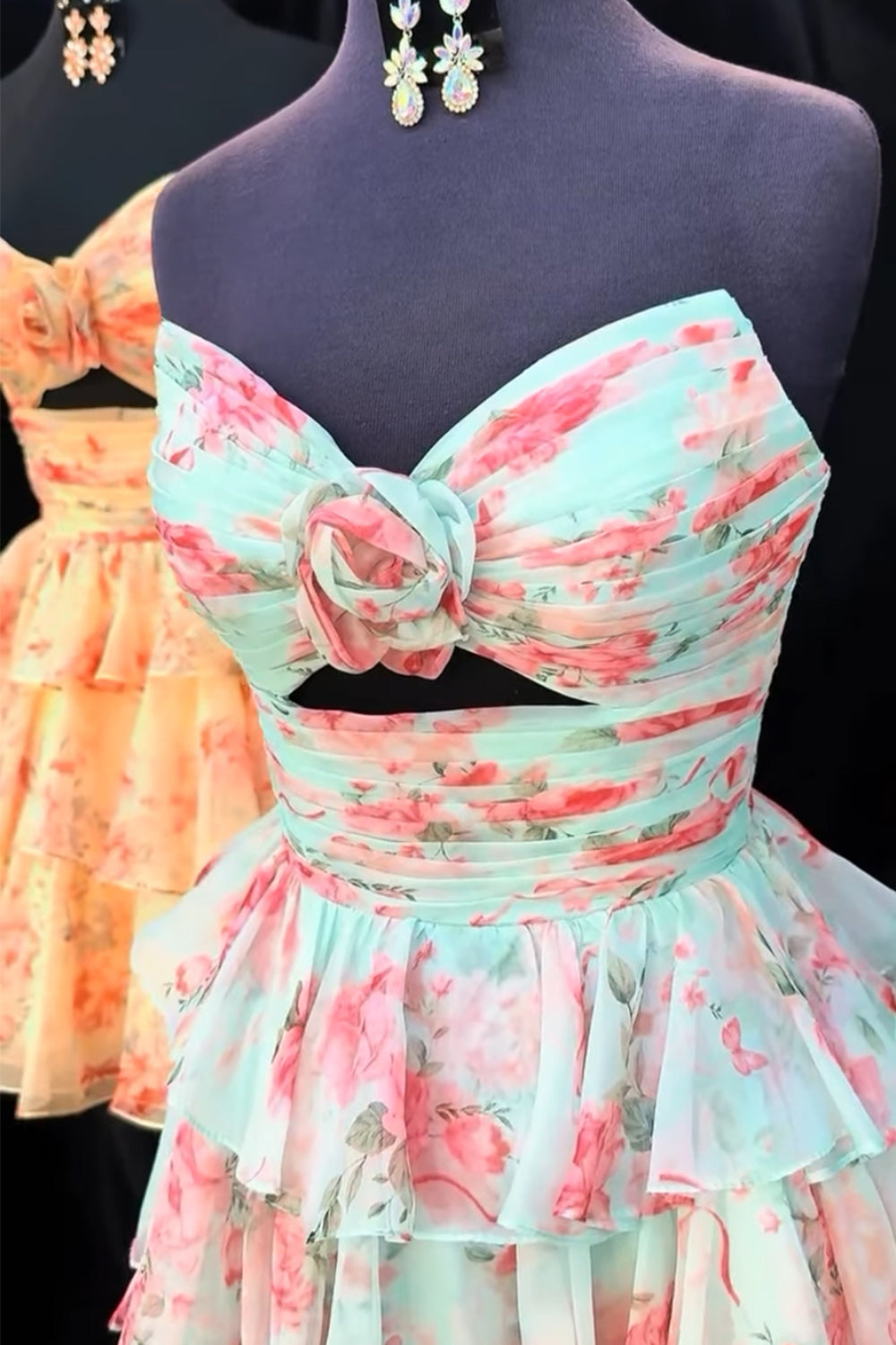 Green Red Flower Ruffled Strapless Tiered Cut Out A Line Short Homecoming Dress