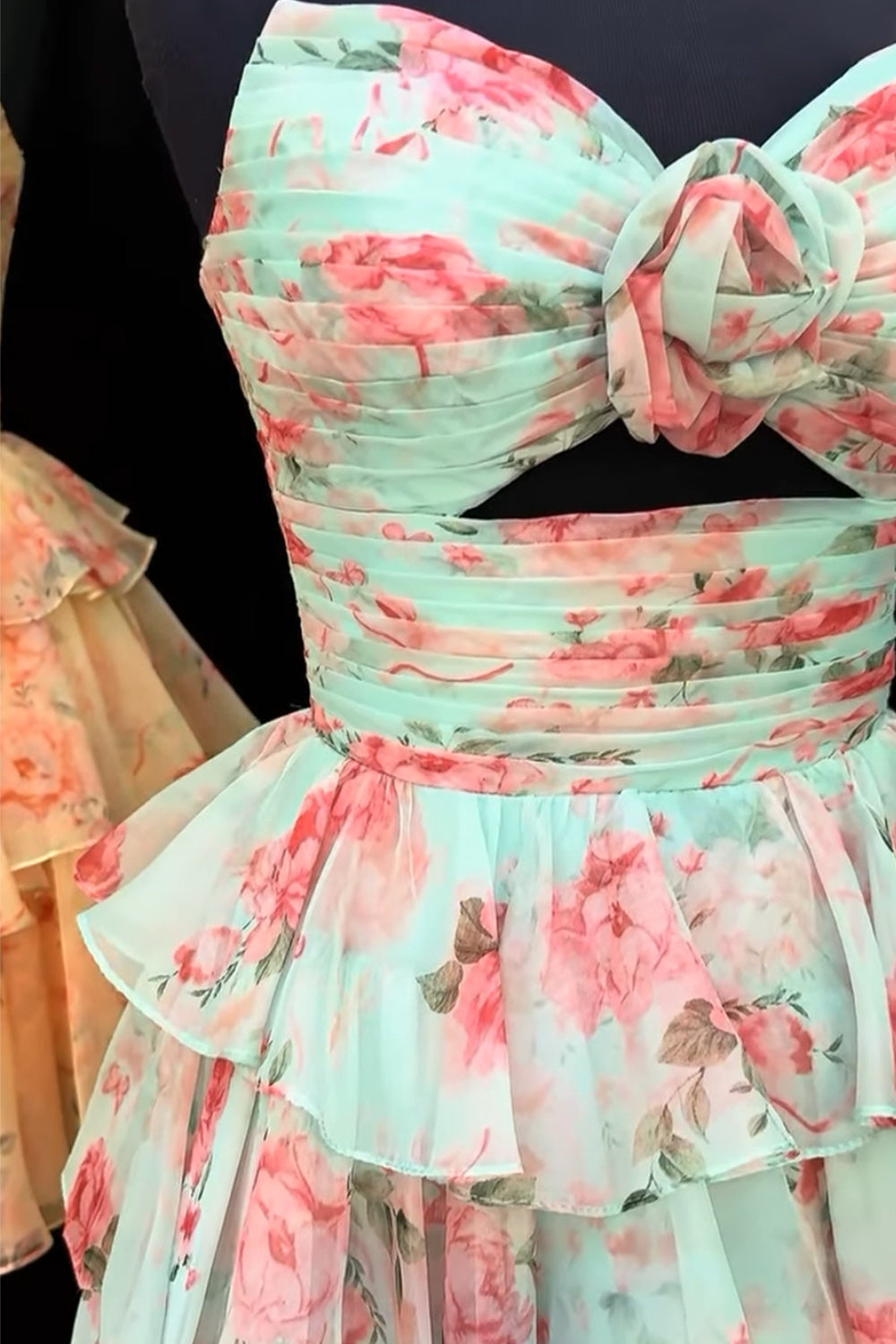 Green Red Flower Ruffled Strapless Tiered Cut Out A Line Short Homecoming Dress