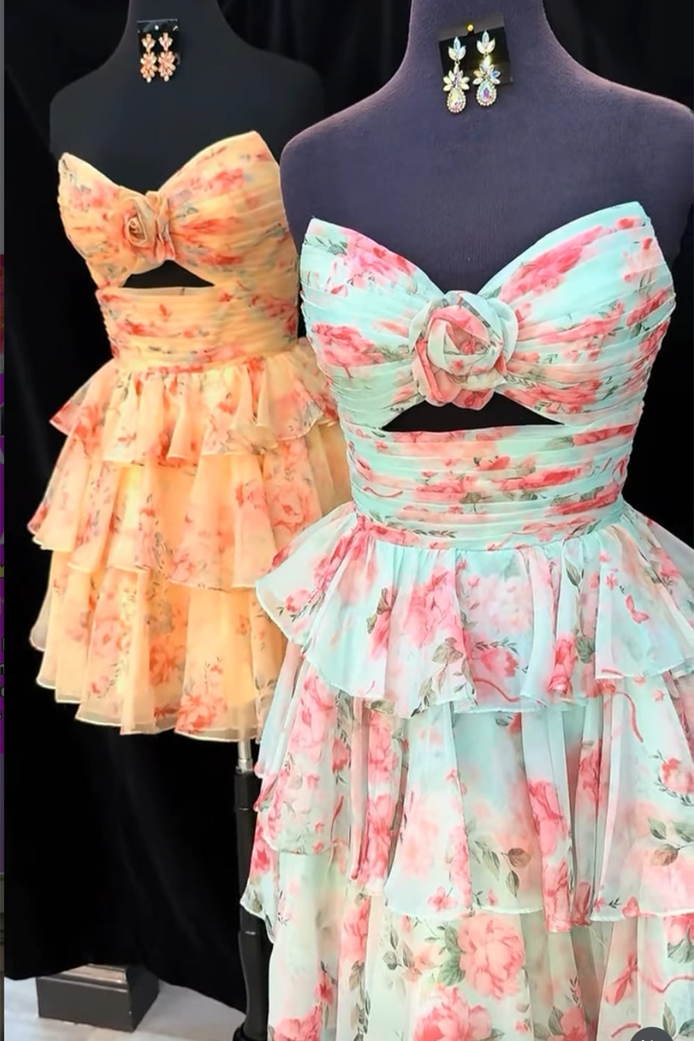 Green Red Flower Ruffled Strapless Tiered Cut Out A Line Short Homecoming Dress