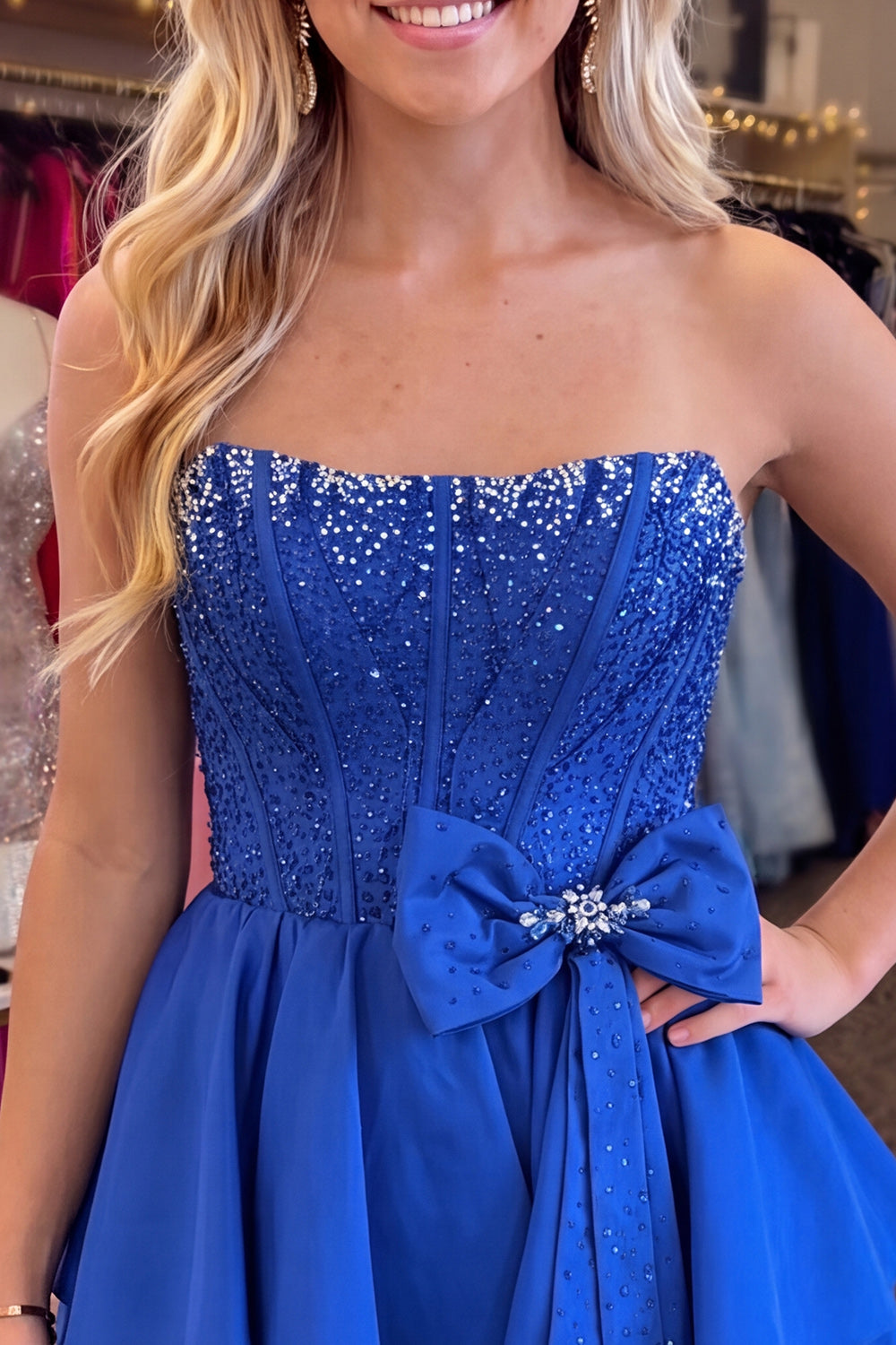 Royal Blue Corset Tiered Beaded A Line Short Homecoming Dress with Bow