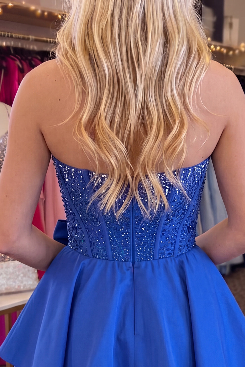 Royal Blue Corset Tiered Beaded A Line Short Homecoming Dress with Bow