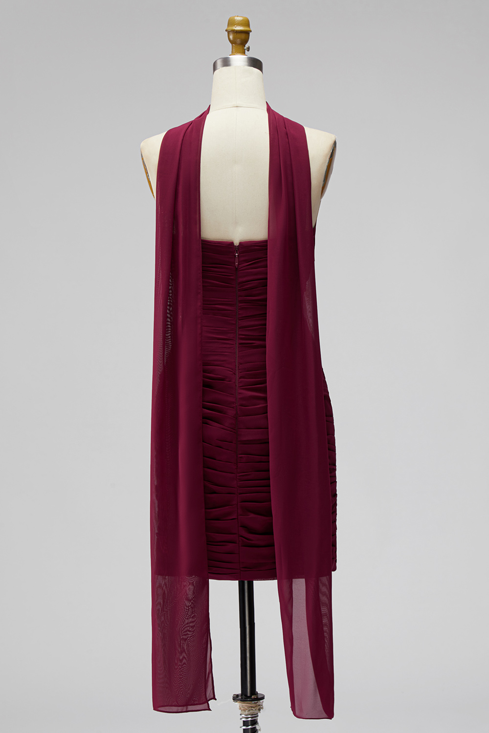 Burgundy Strapless Neck Scarf Pleated Tight Short Homecoming Dress